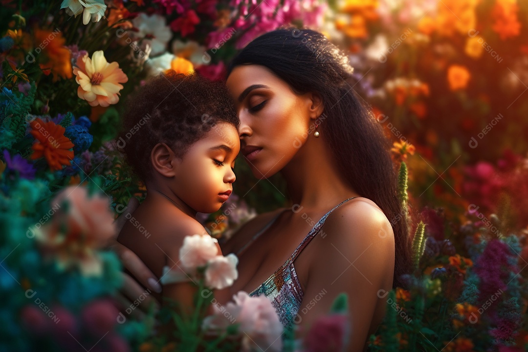 Mãe e filha sorridente no jardim, conceito Dia das Mães