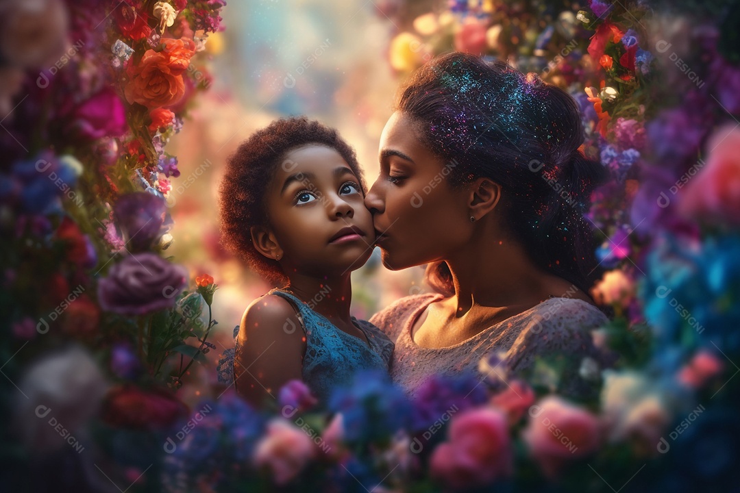 Mãe e filha sorridente no jardim, conceito Dia das Mães