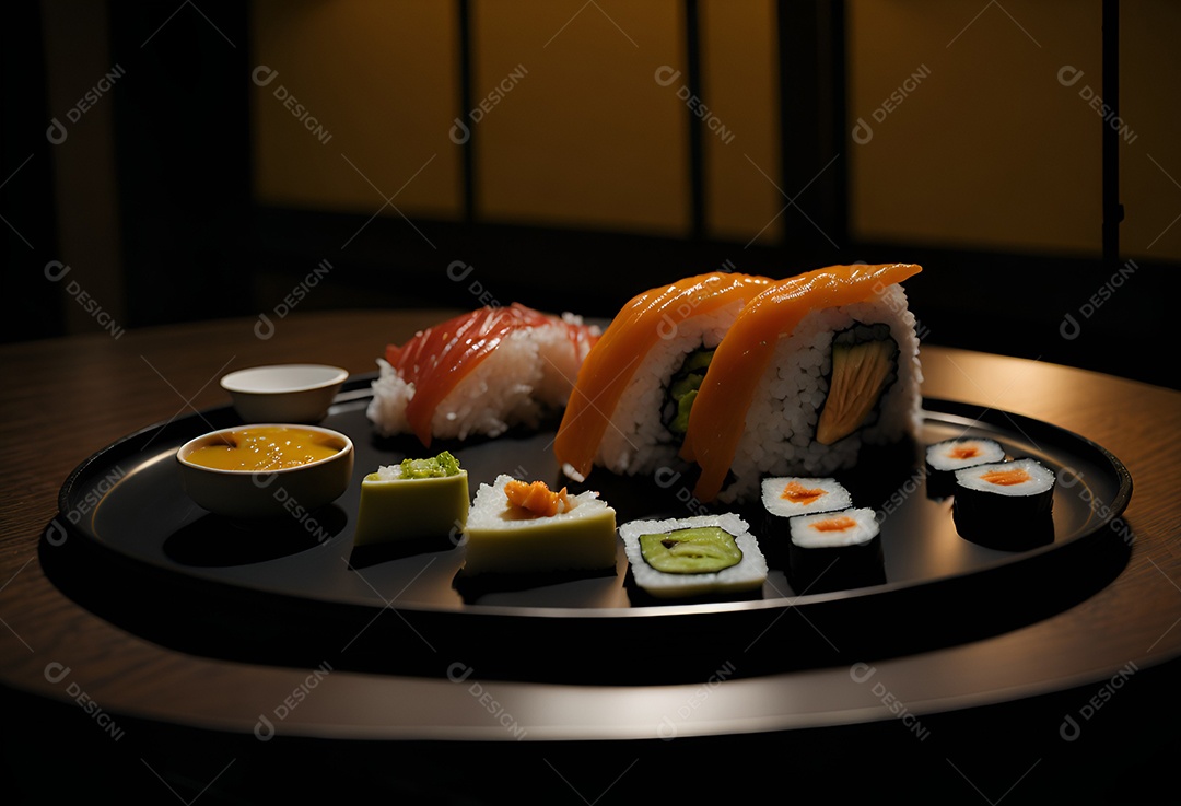 Prato de comida japonesa sobre mesa de restaurante japonês