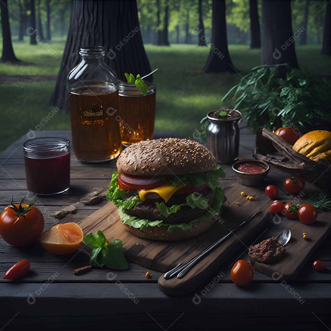 Saboroso hambúrguer sobre uma mesa de madeira
