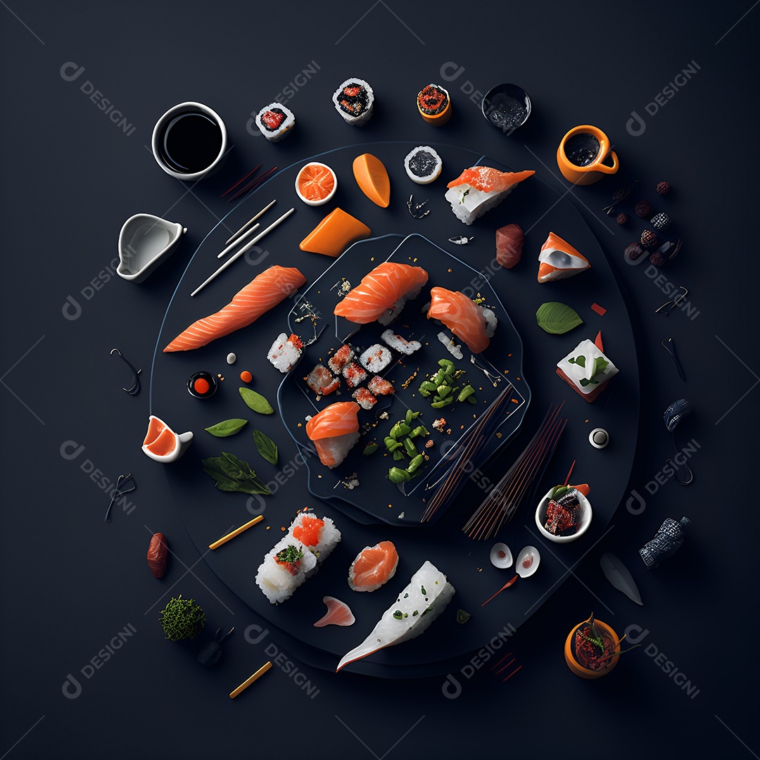 Prato de comida japonesa sobre mesa de restaurante japonês