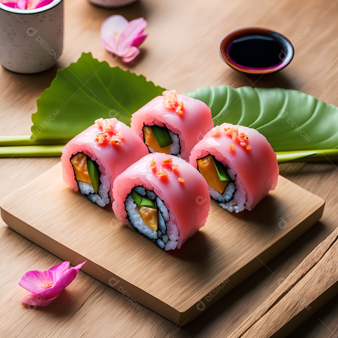 Prato de comida japonesa sobre mesa de restaurante japonês