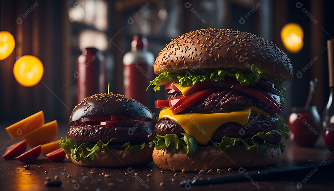Saboroso hambúrguer na mesa de madeira