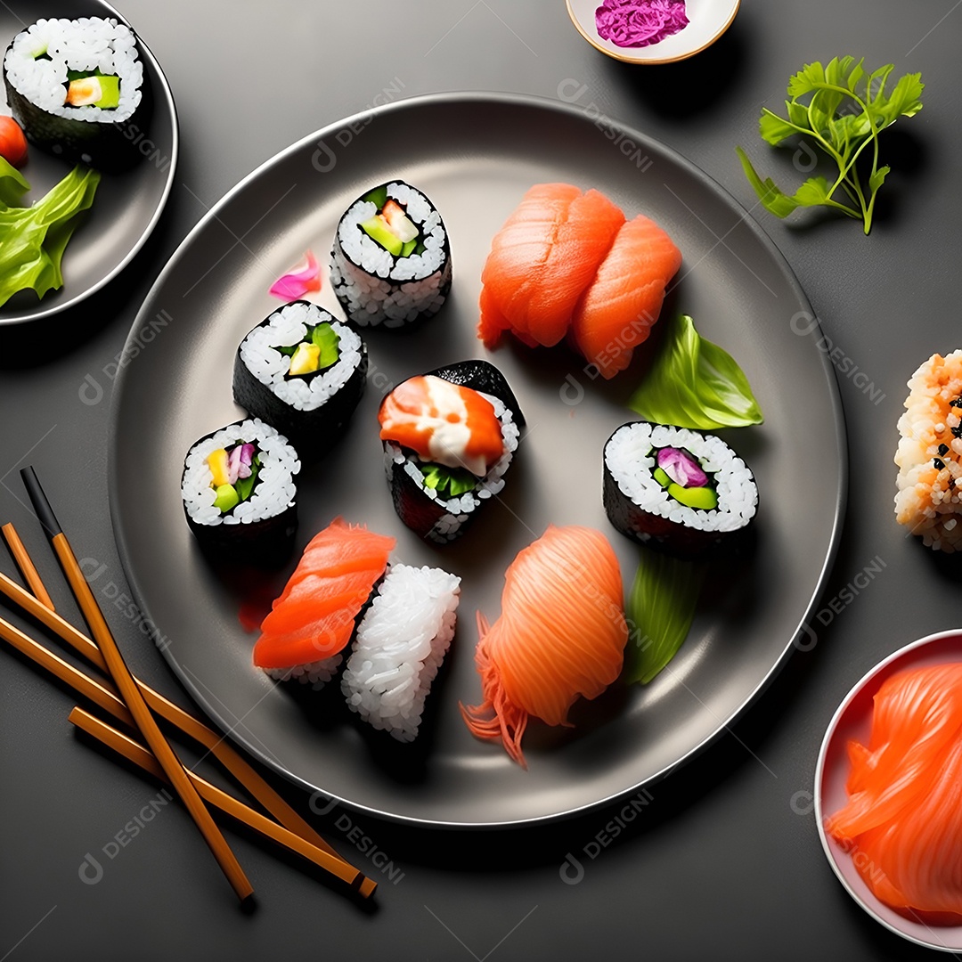 Prato de comida japonesa sobre mesa de restaurante japonês