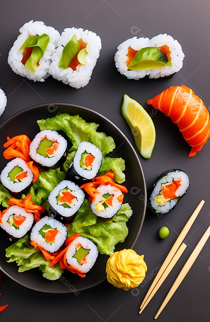 Prato de comida japonesa sobre mesa de restaurante japonês