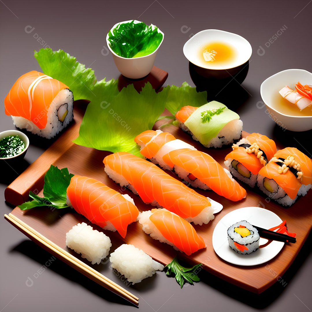 Prato de comida japonesa sobre mesa de restaurante japonês