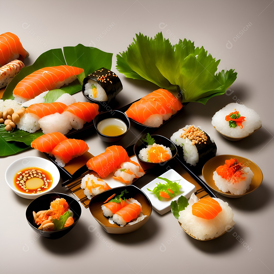 Prato de comida japonesa sobre mesa de restaurante japonês