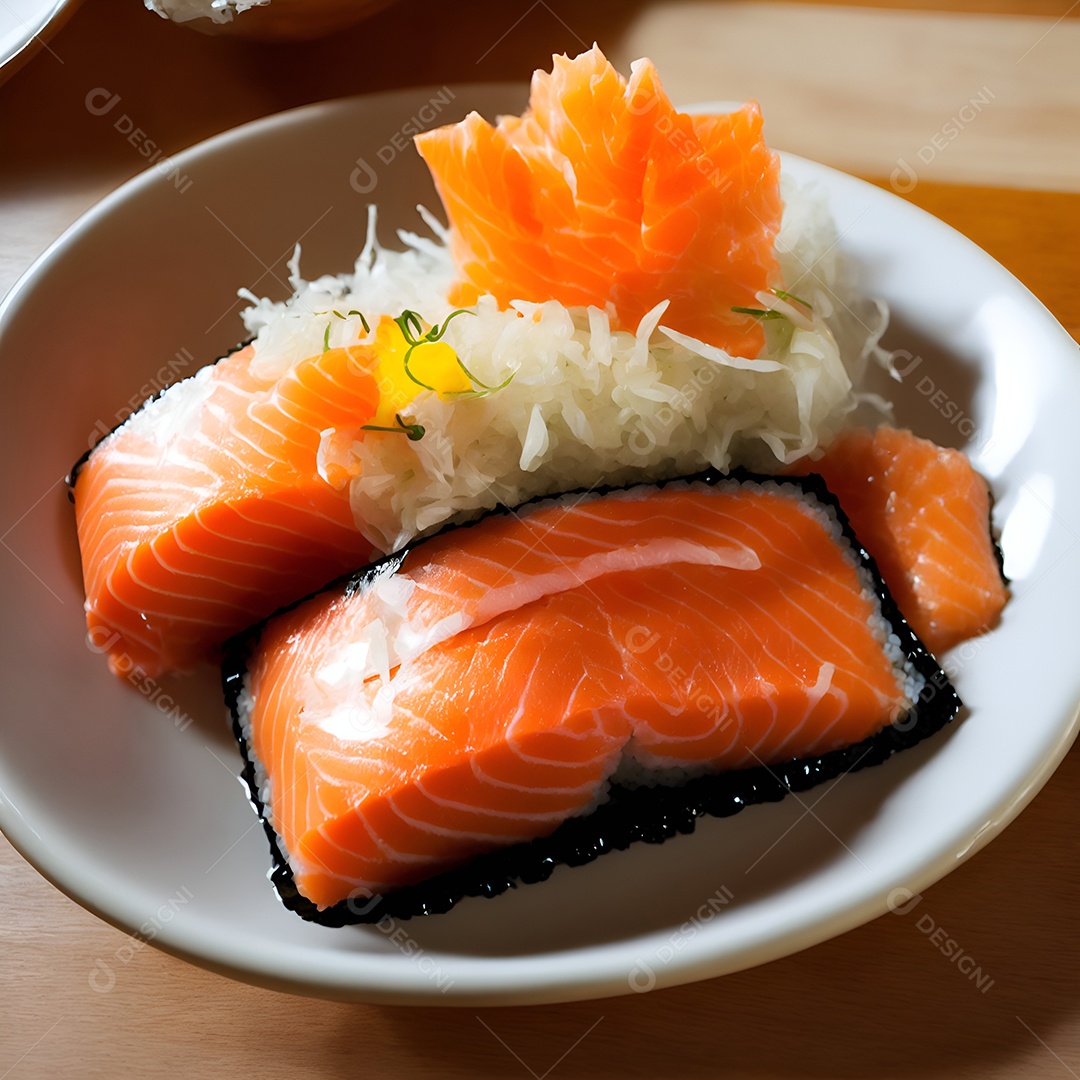 Prato de comida japonesa sobre mesa de restaurante japonês