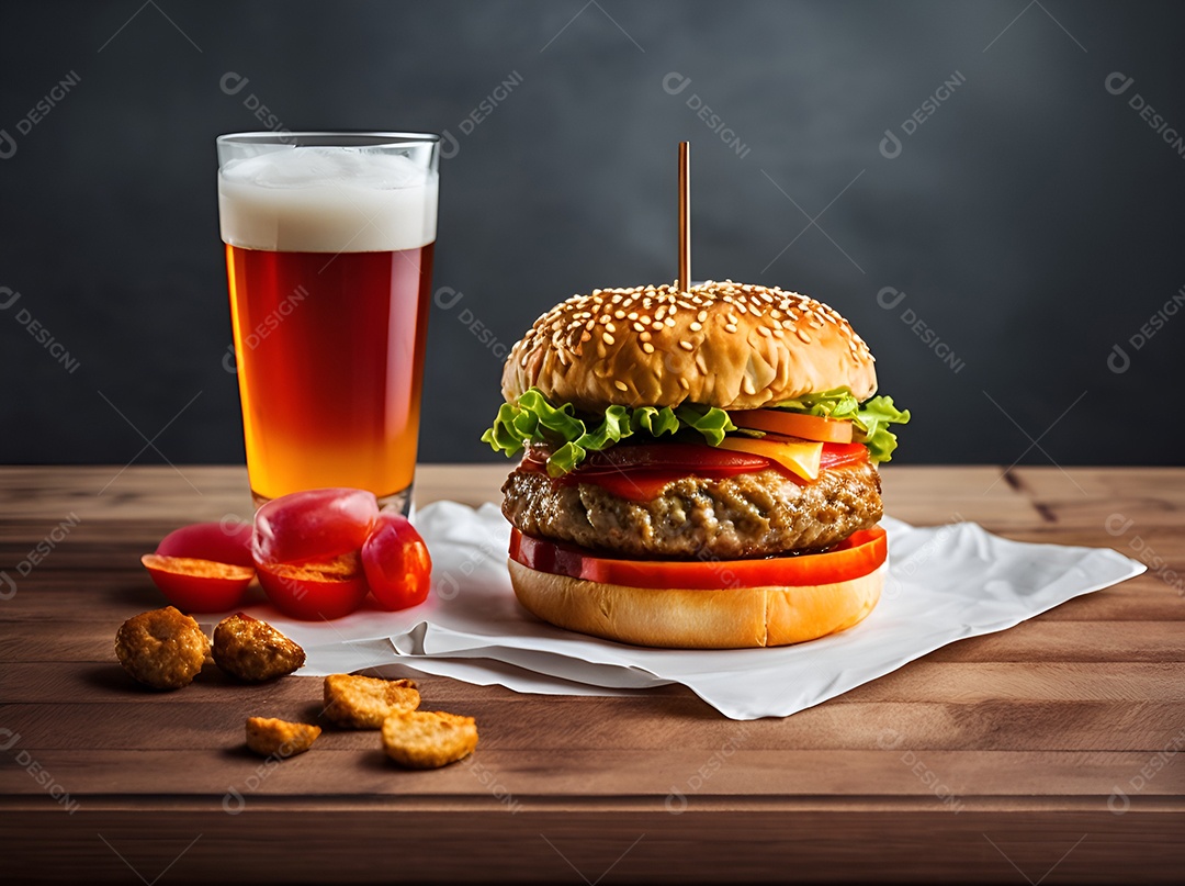 Saboroso hambúrguer na mesa de madeira