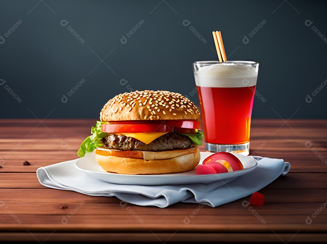 Saboroso hambúrguer na mesa de madeira