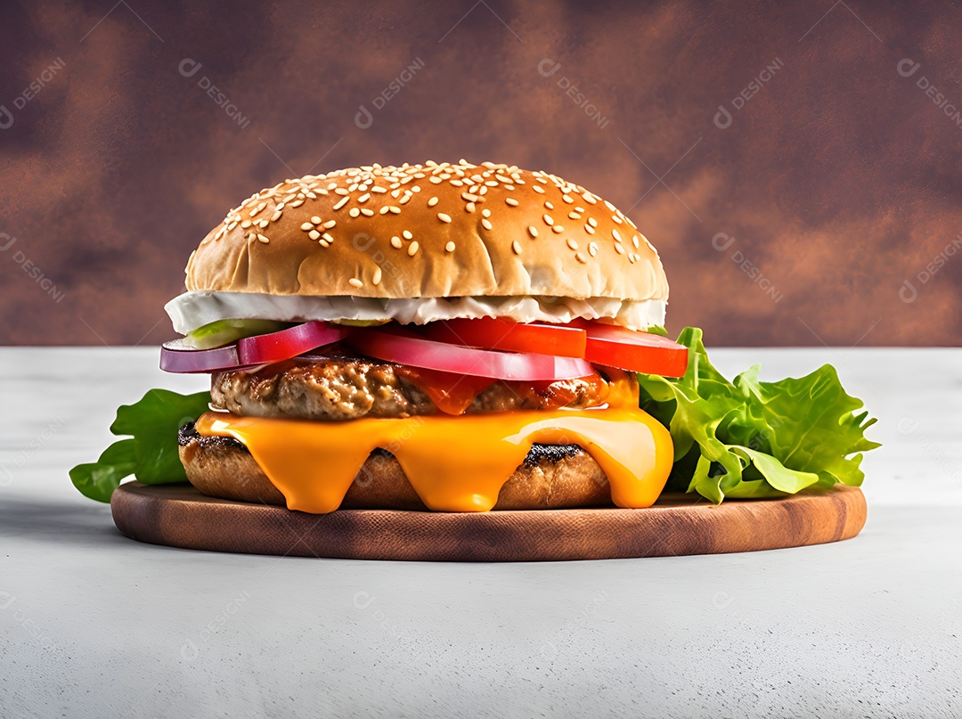 Saboroso hambúrguer na mesa de madeira