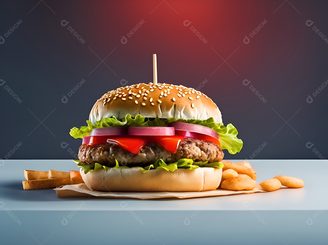 Saboroso hambúrguer na mesa de madeira