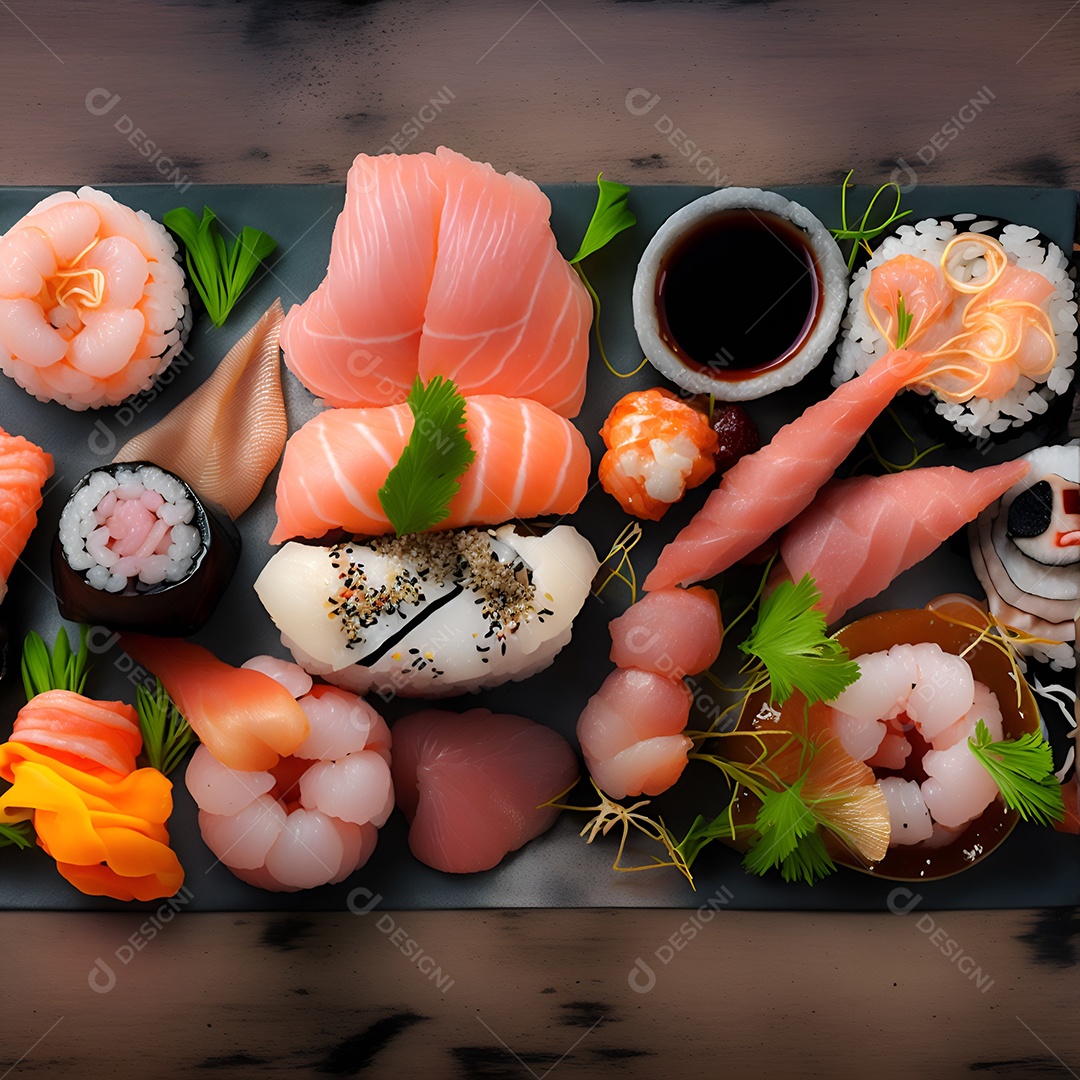 Prato de comida japonesa sobre mesa de restaurante japonês