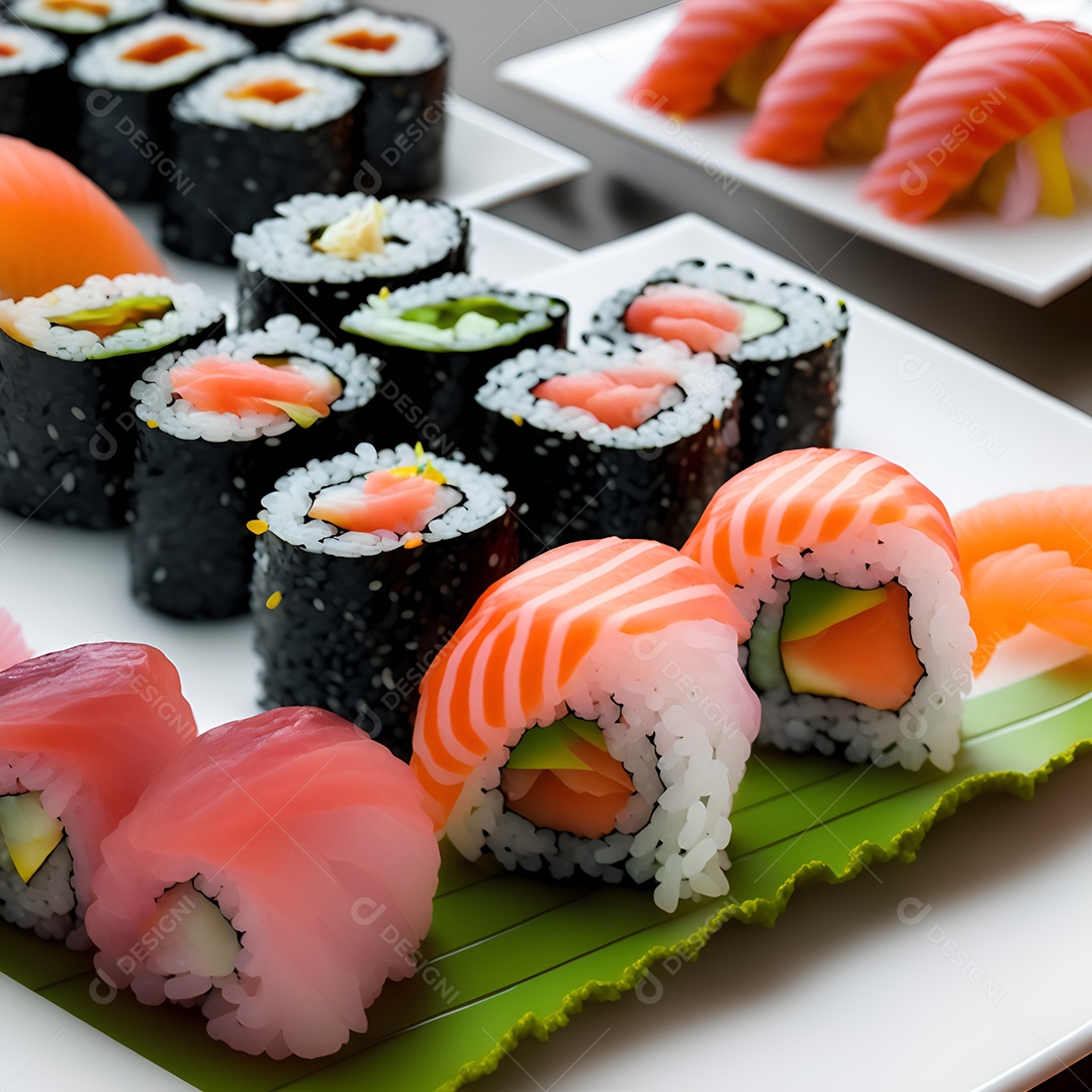 Prato de comida japonesa sobre mesa de restaurante japonês