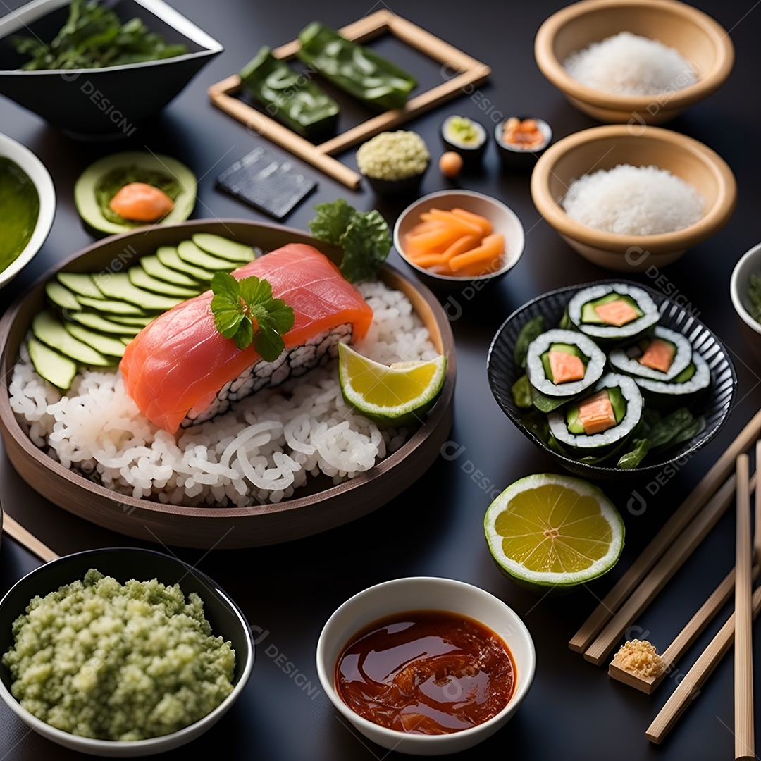Prato de comida japonesa sobre mesa de restaurante japonês