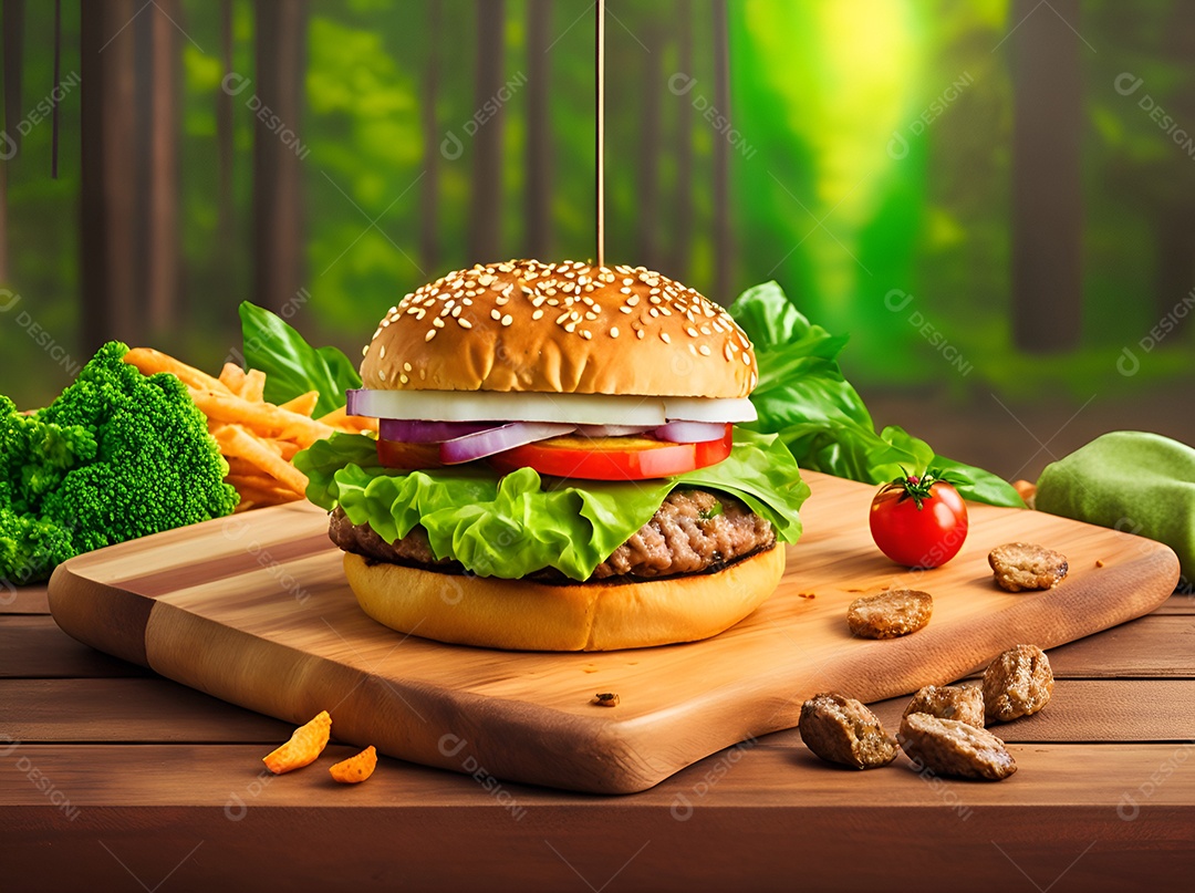 Saboroso hambúrguer na mesa de madeira