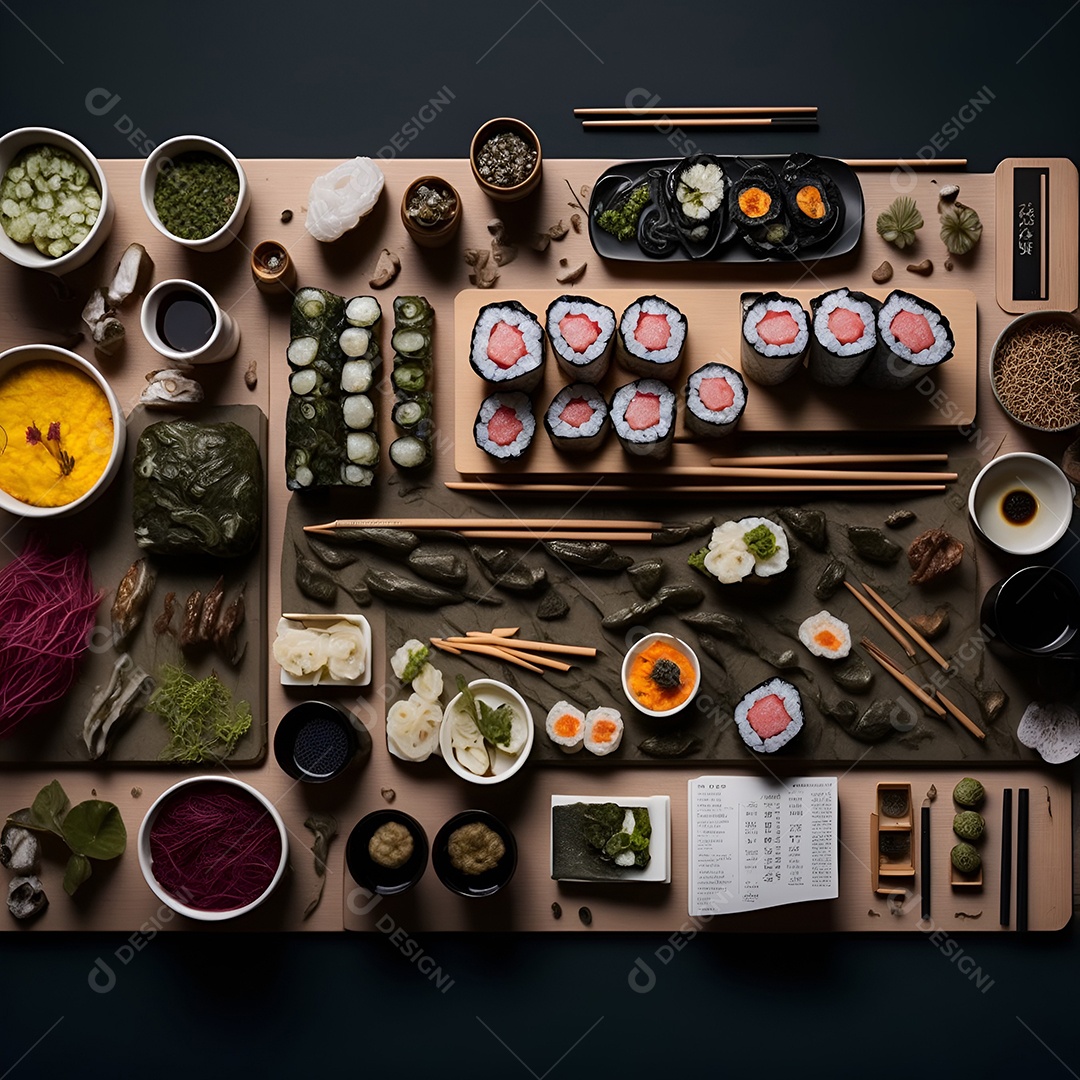Prato de comida japonesa sobre mesa de restaurante japonês