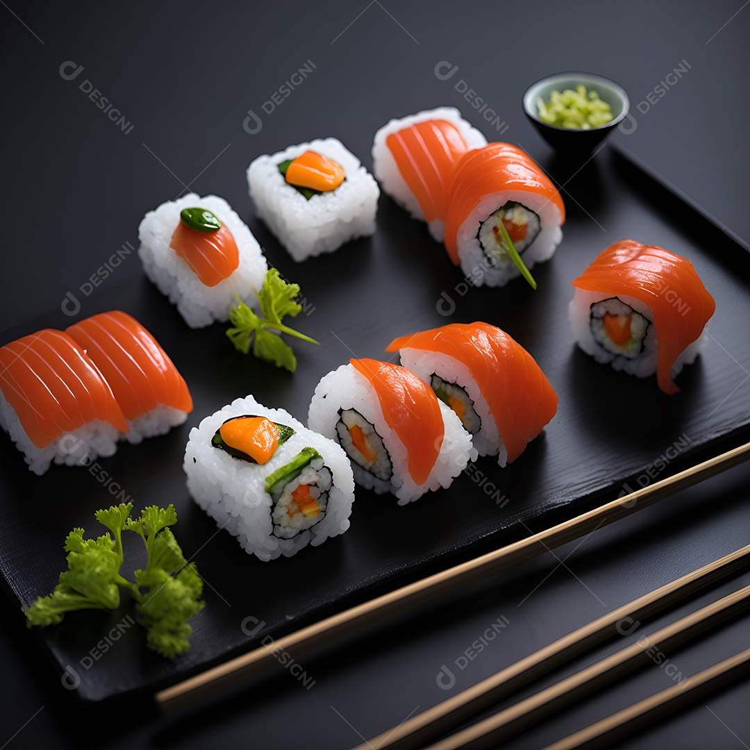 Prato de comida japonesa sobre mesa de restaurante japonês