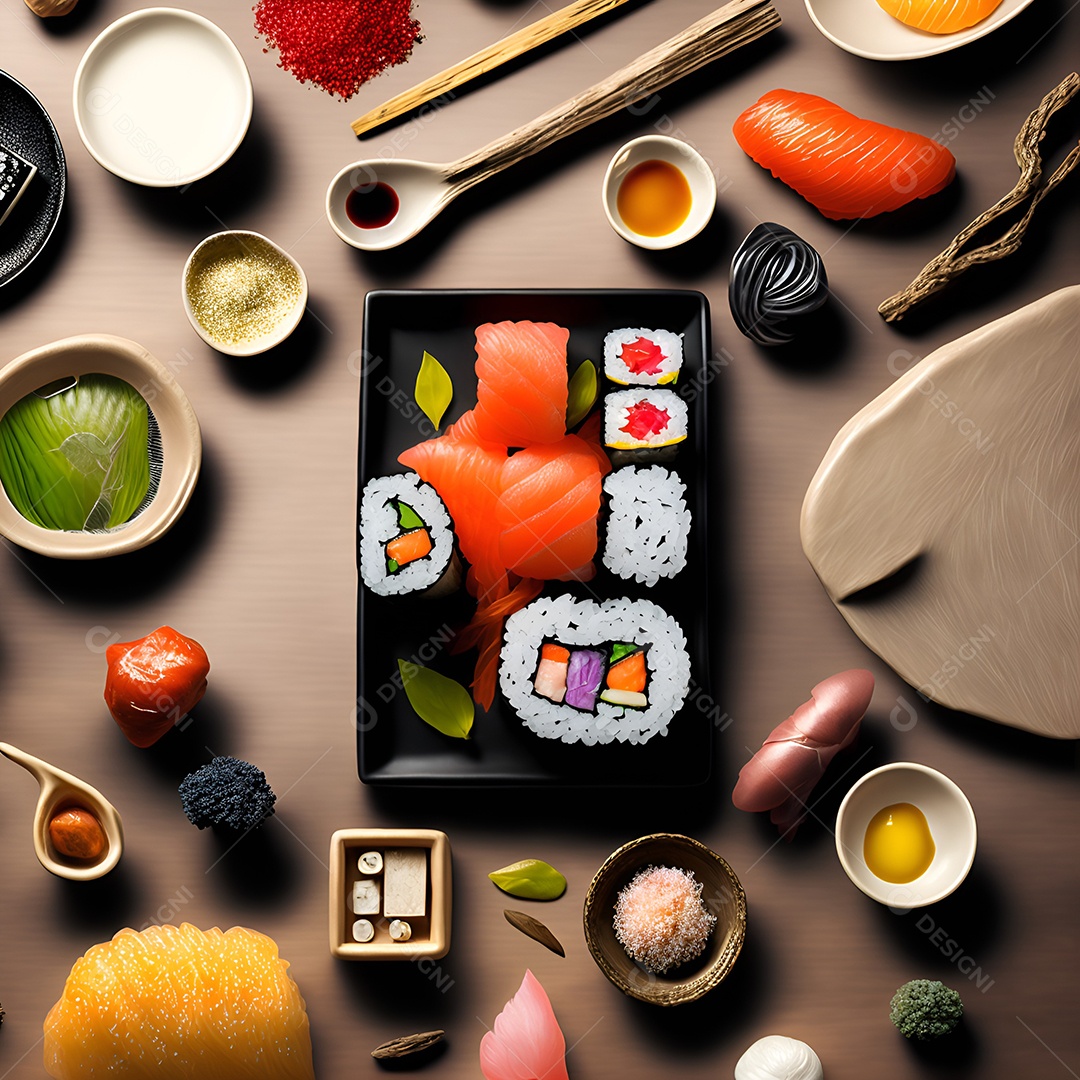 Prato de comida japonesa sobre mesa de restaurante japonês