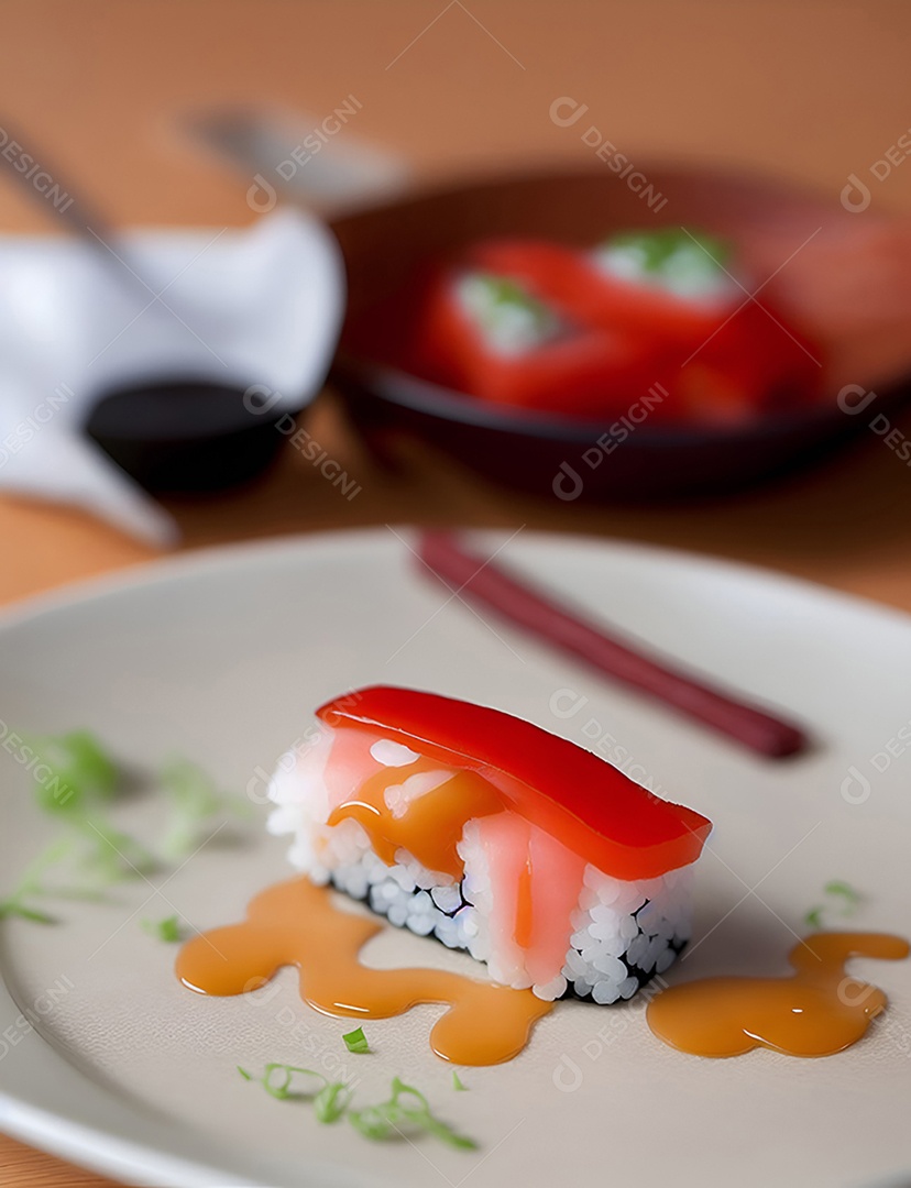 Prato de comida japonesa sobre mesa de restaurante japonês