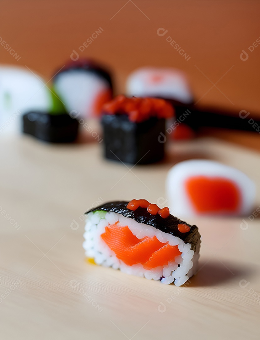 Prato de comida japonesa sobre mesa de restaurante japonês