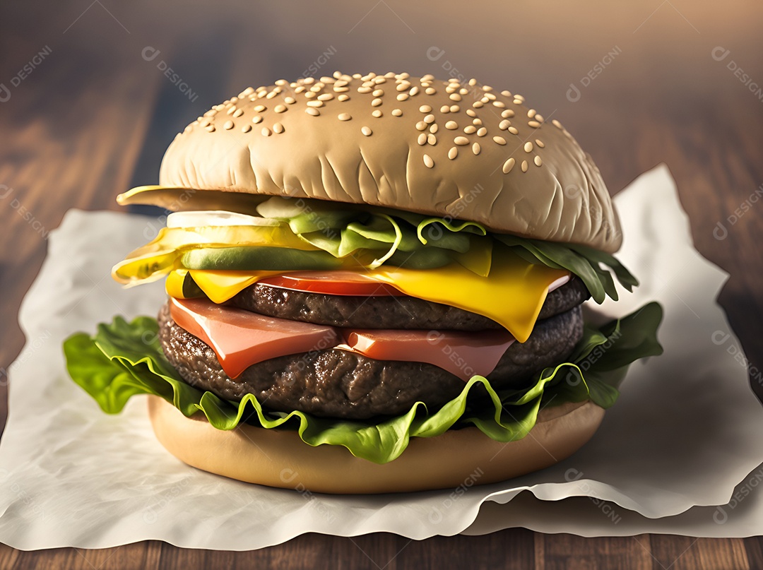 Saboroso hambúrguer na mesa de madeira