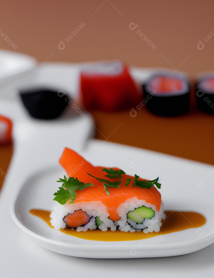 Prato de comida japonesa sobre mesa de restaurante japonês