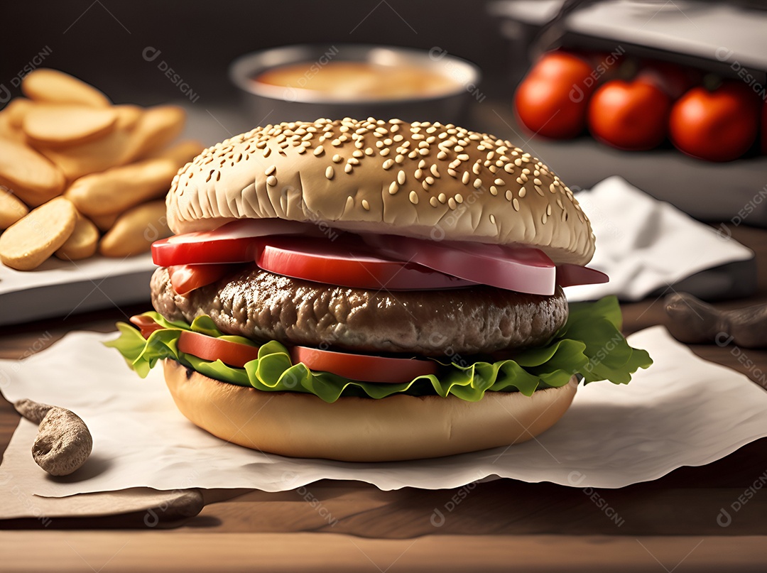 Saboroso hambúrguer na mesa de madeira