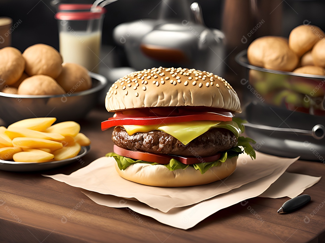 Saboroso hambúrguer na mesa de madeira