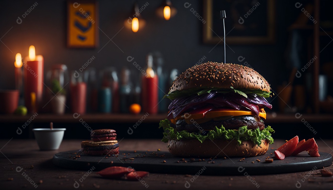 Saboroso hambúrguer na mesa de madeira