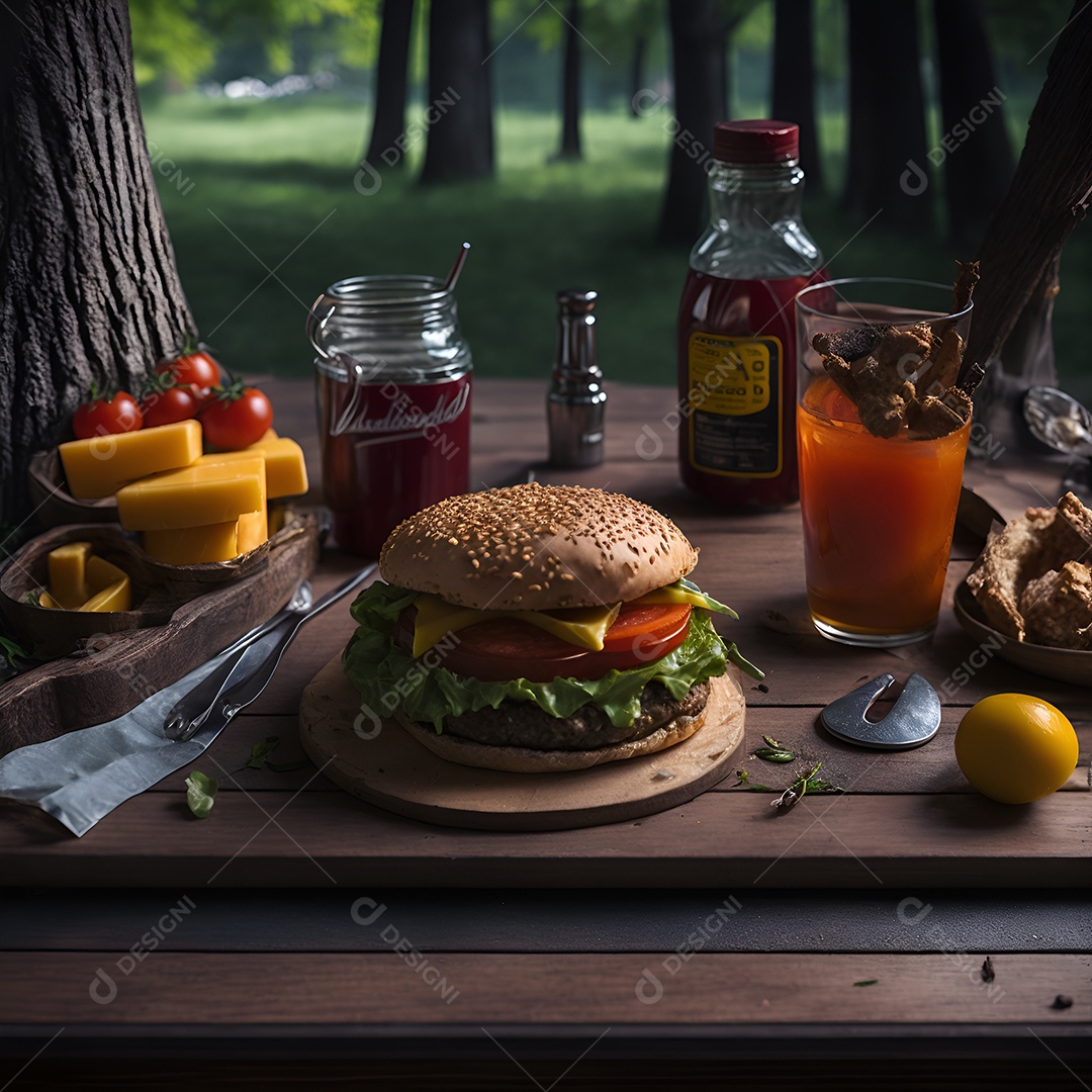 Saboroso hambúrguer na mesa de madeira