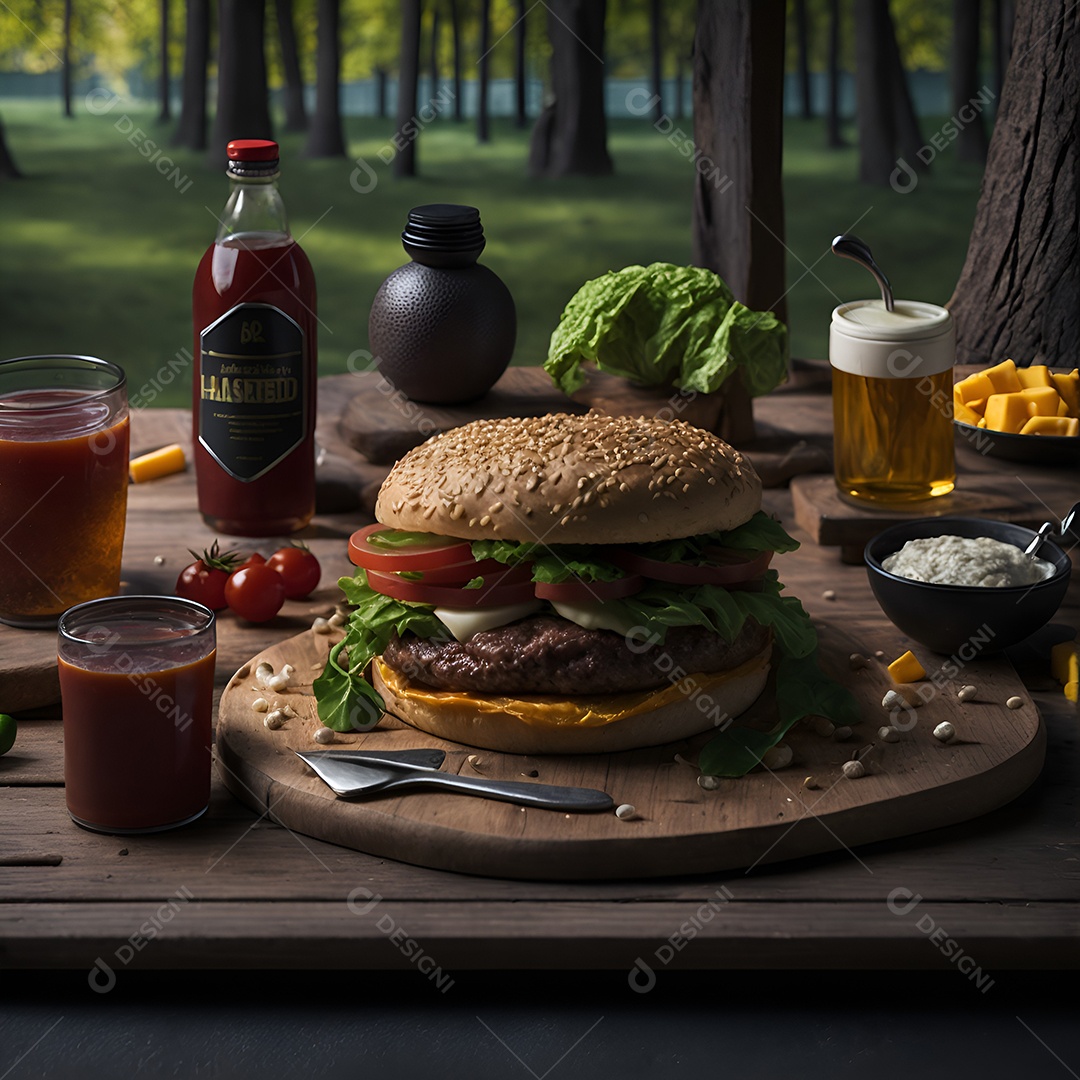 Saboroso hambúrguer na mesa de madeira