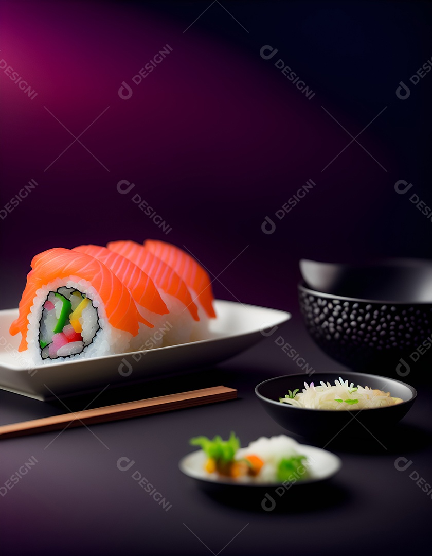 Prato de comida japonesa sobre mesa de restaurante japonês