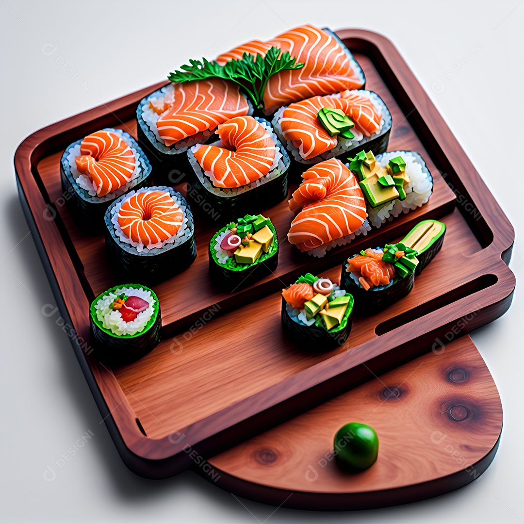 Prato de comida japonesa sobre mesa de restaurante japonês