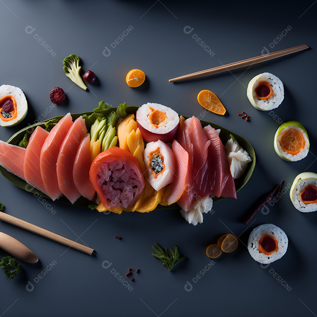 Prato de comida japonesa sobre mesa de restaurante japonês