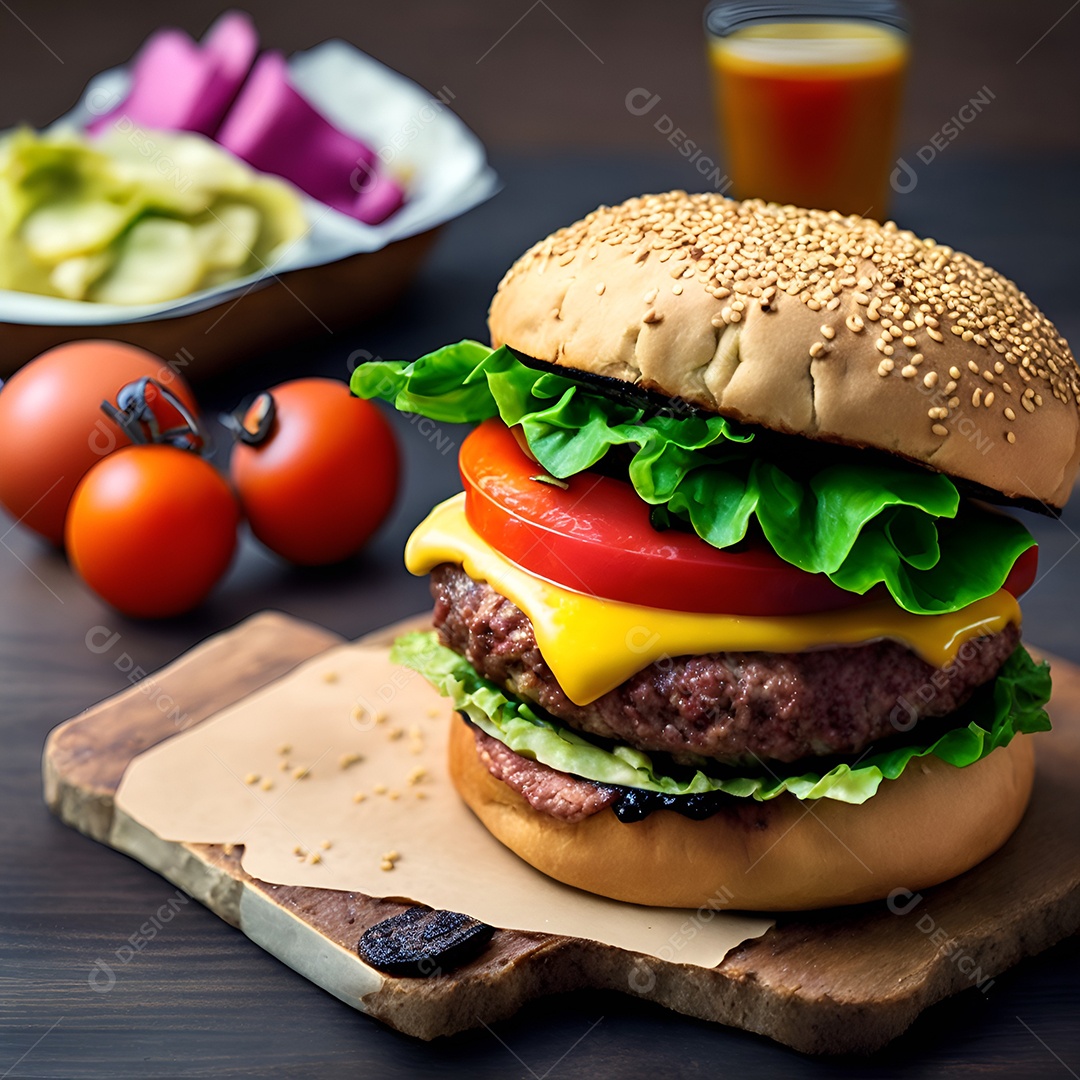 Saboroso hambúrguer na mesa de madeira