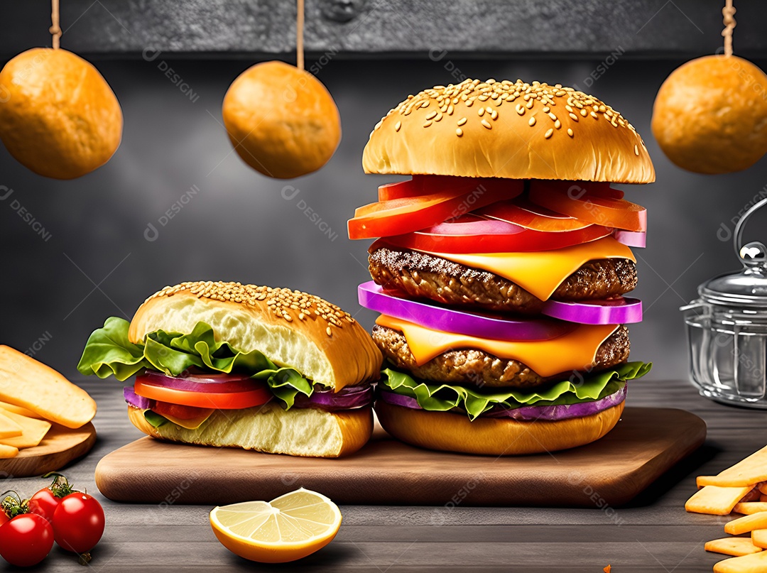 Saboroso hambúrguer na mesa de madeira