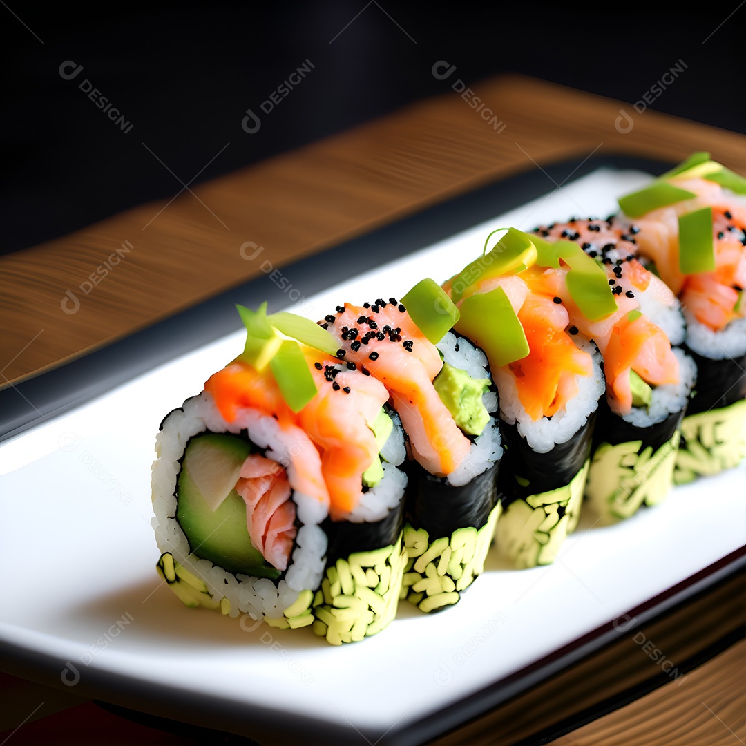Prato de comida japonesa sobre mesa de restaurante japonês
