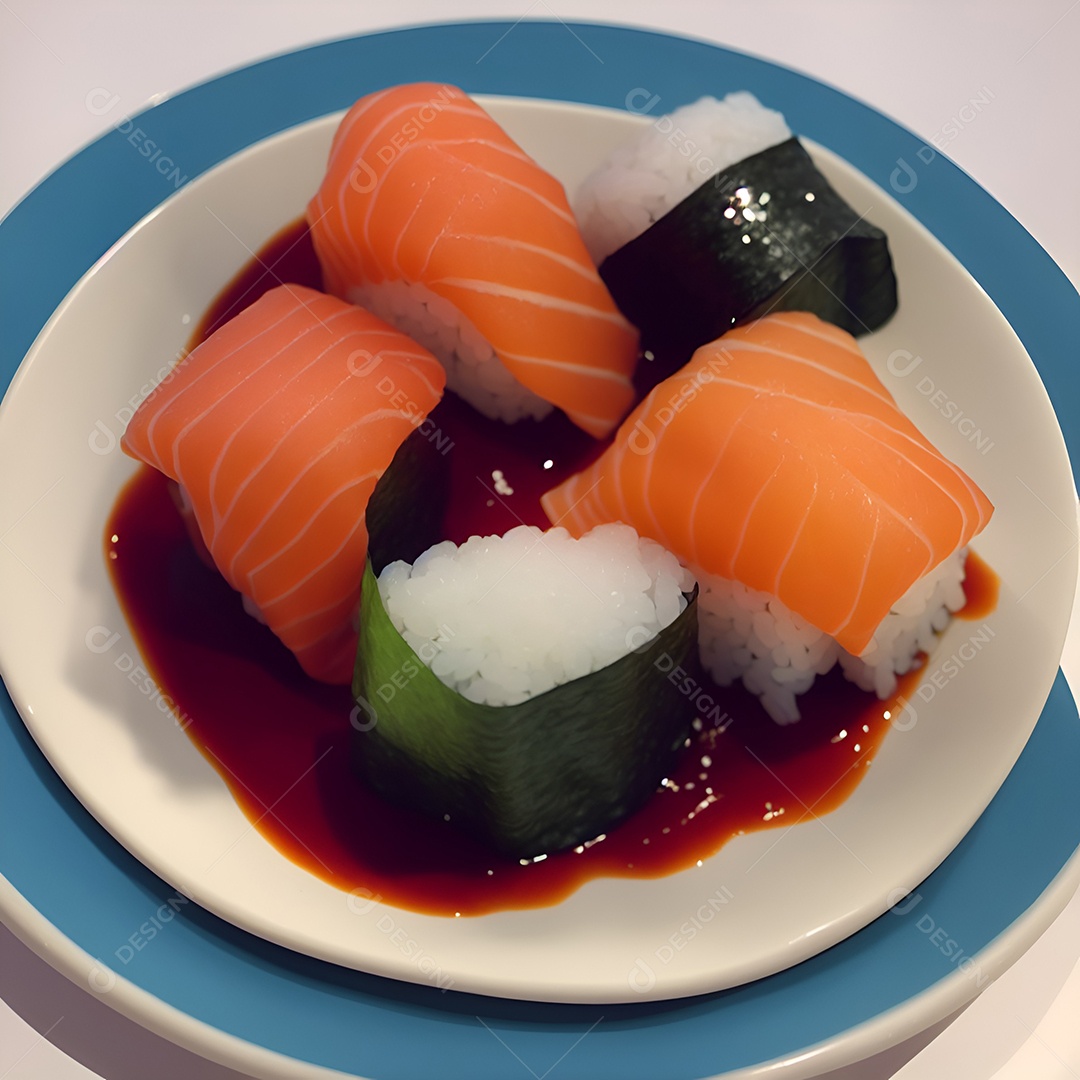 Prato de comida japonesa sobre mesa de restaurante japonês