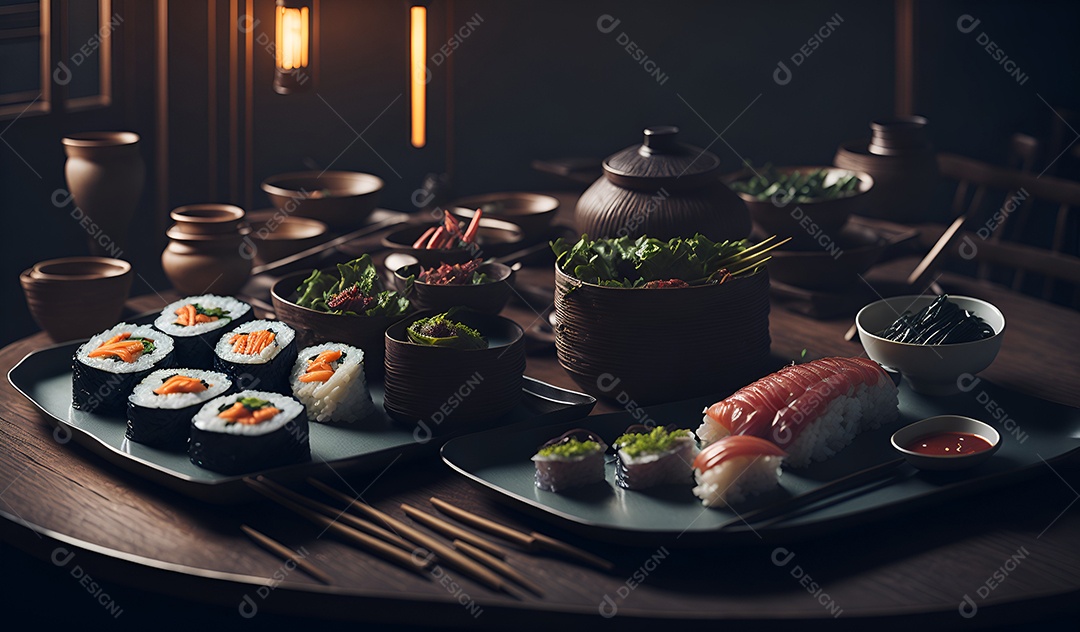 Prato de comida japonesa sobre mesa de restaurante japonês