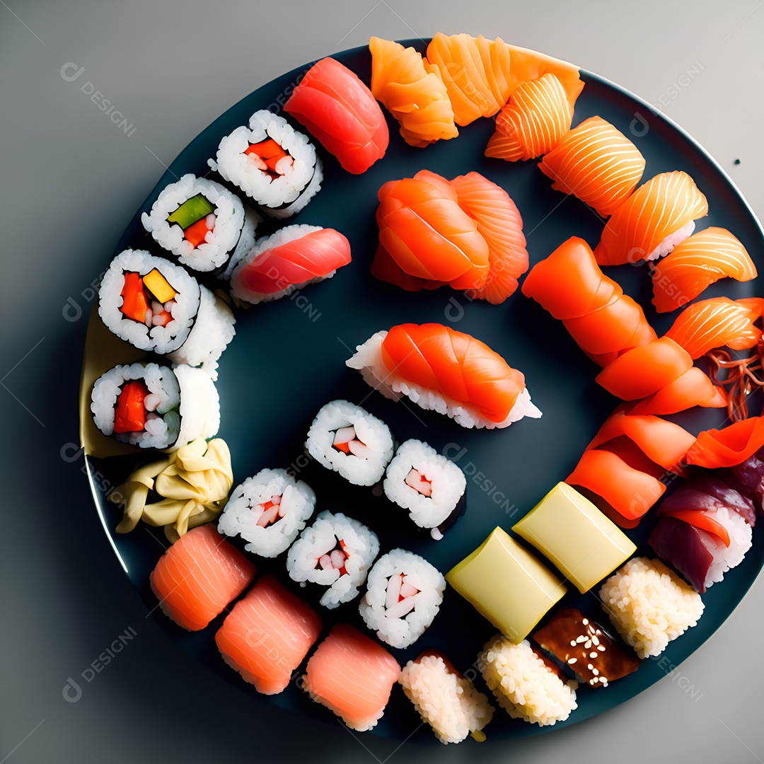 Prato de comida japonesa sobre mesa de restaurante japonês