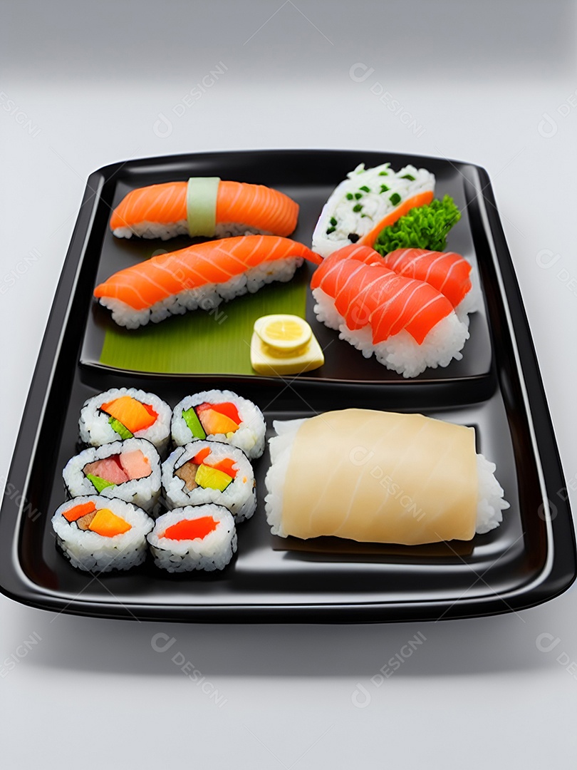 Prato de comida japonesa sobre mesa de restaurante japonês