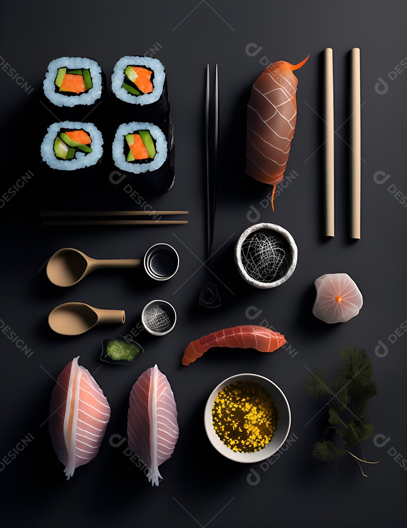 Prato de comida japonesa sobre mesa de restaurante japonês