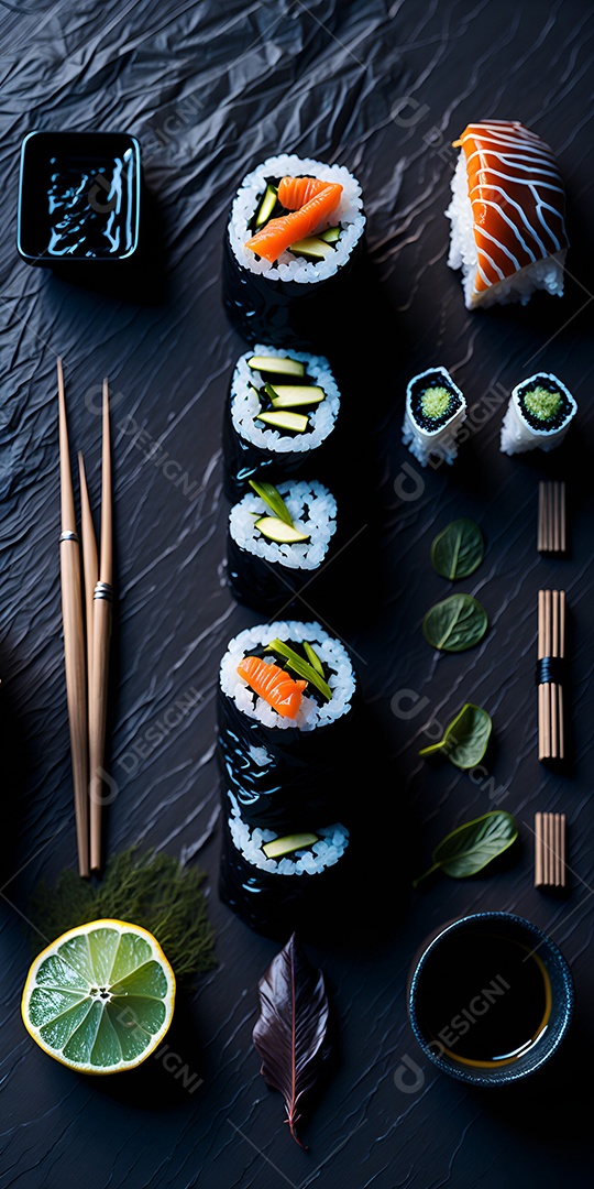 Prato de comida japonesa sobre mesa de restaurante japonês