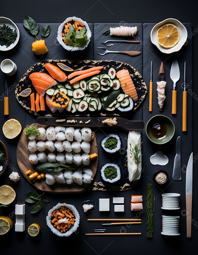 Prato de comida japonesa sobre mesa de restaurante japonês