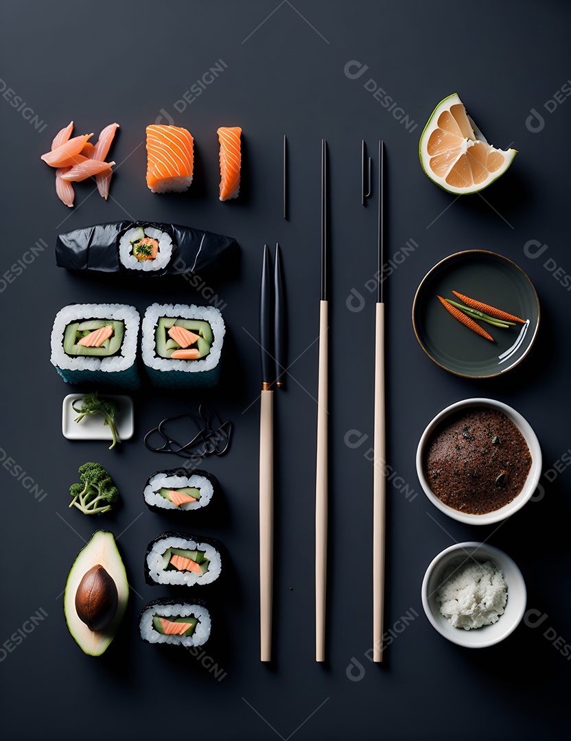 Prato de comida japonesa sobre mesa de restaurante japonês
