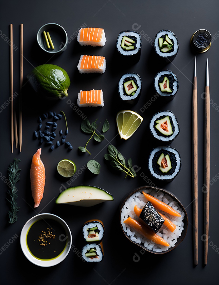 Prato de comida japonesa sobre mesa de restaurante japonês