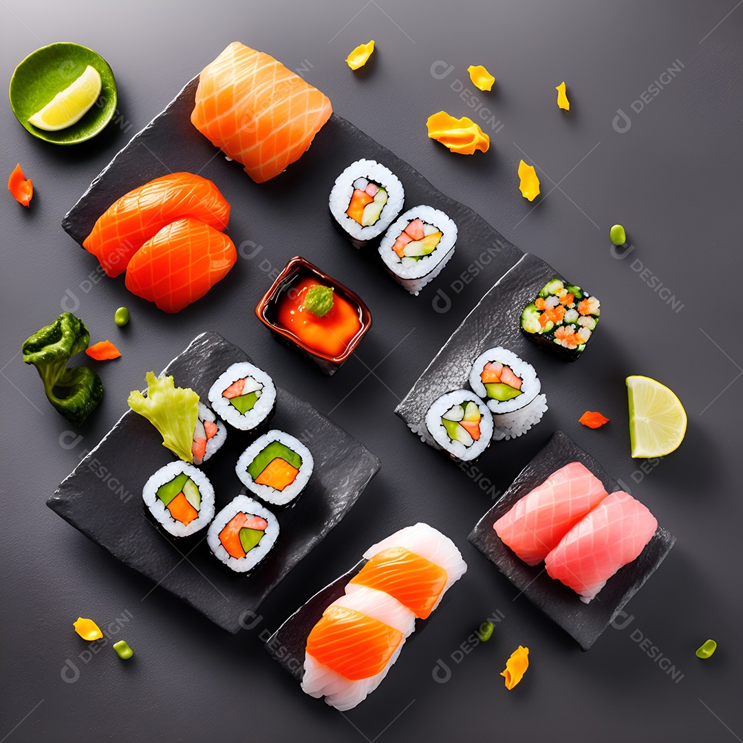 Prato de comida japonesa sobre mesa de restaurante japonês