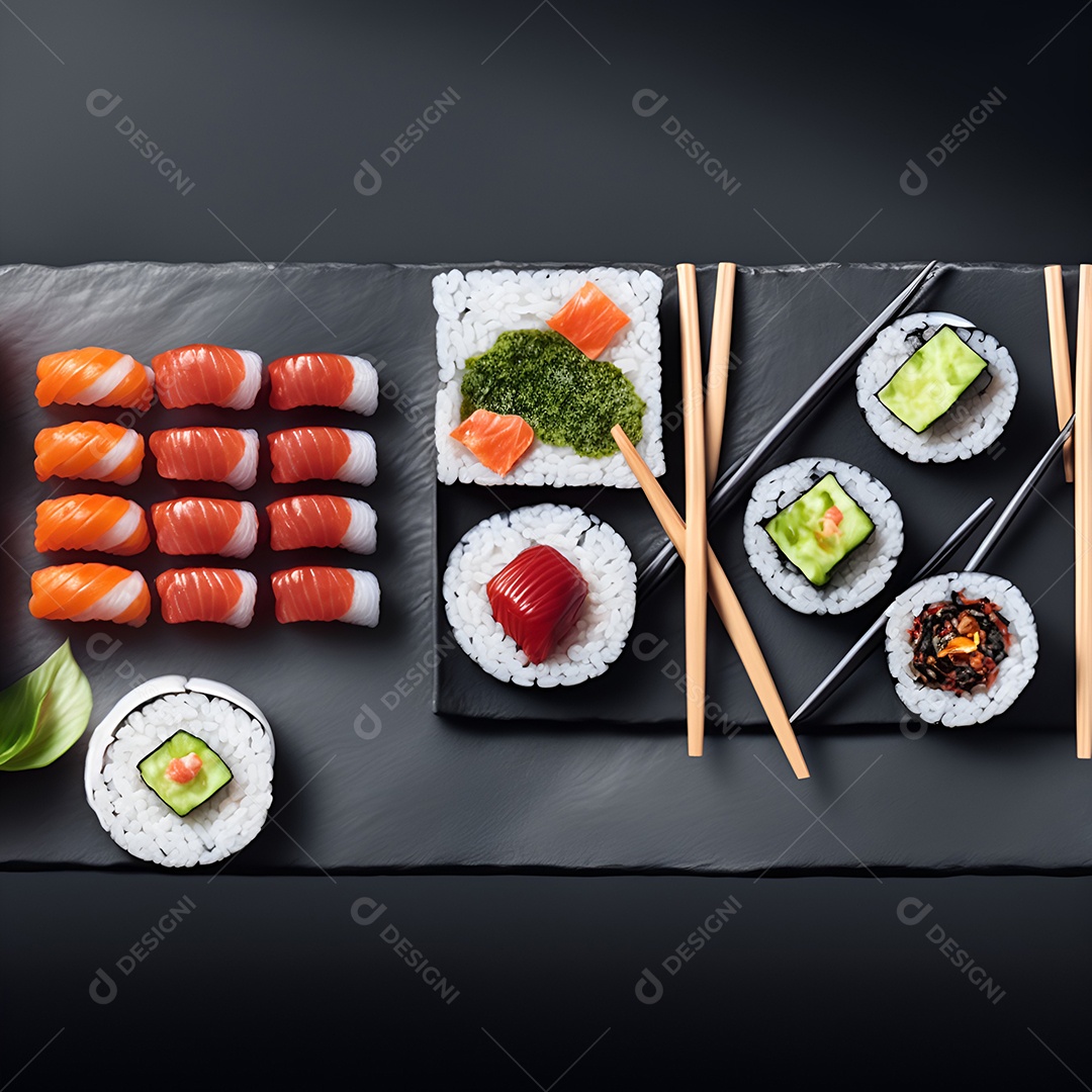 Prato de comida japonesa sobre mesa de restaurante japonês