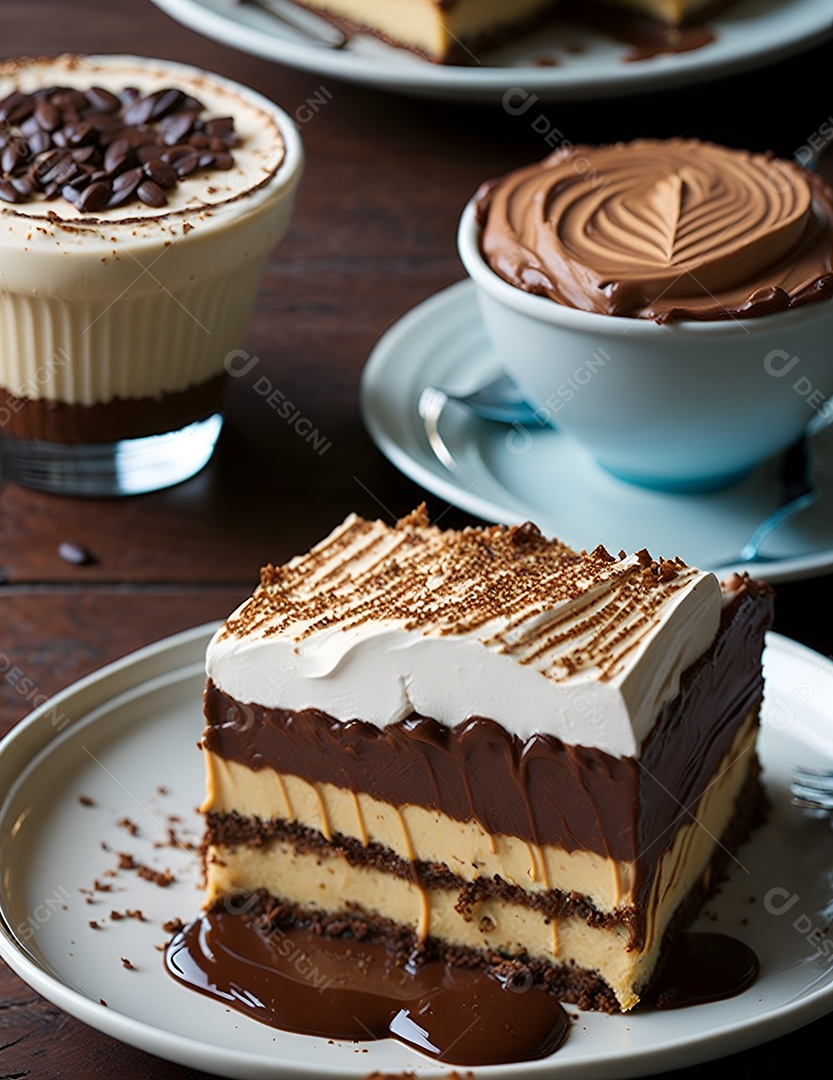 Fatia de bolo ao lado de xícara de café